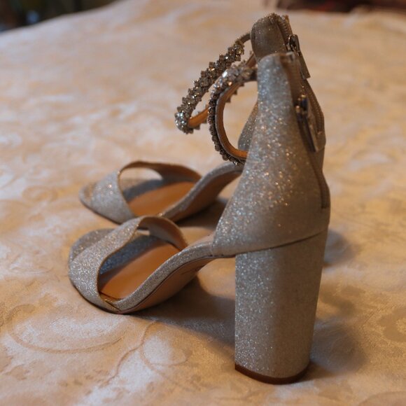 Jewel Badgley Mischka Louise Block Heel Sandal Silver Glitter Rhinestone Size 9 - Picture 8 of 15